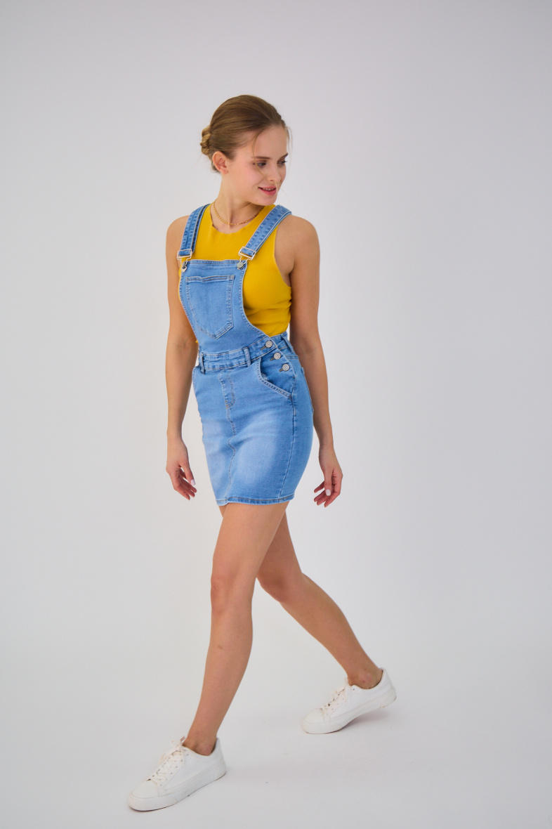 Grossiste Ana & Lucy - Salopette jupe en jeans ( Délavé ) - ANA & LUCY