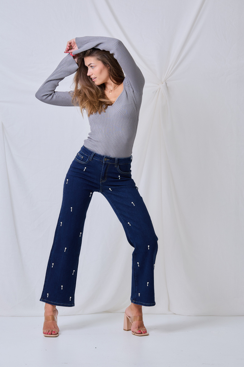 Wholesaler ANA & LUCY - Wide-leg jeans with fancy pearls - ANA & LUCY