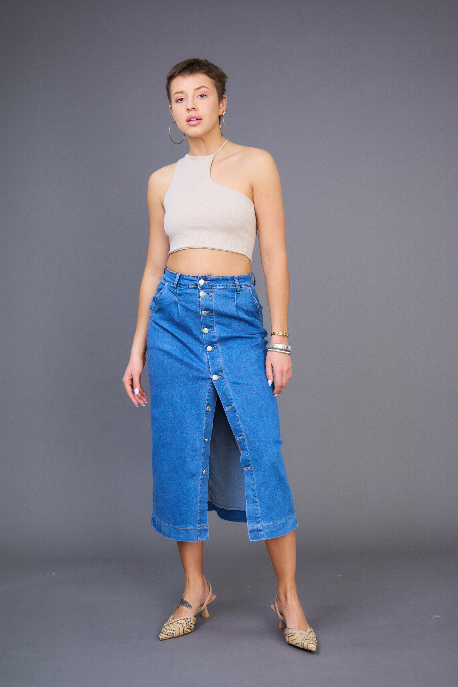 Grossiste ANA & LUCY - Jupe longue en jeans ( Fermeture Boutonnée ) - ANA & LUCY