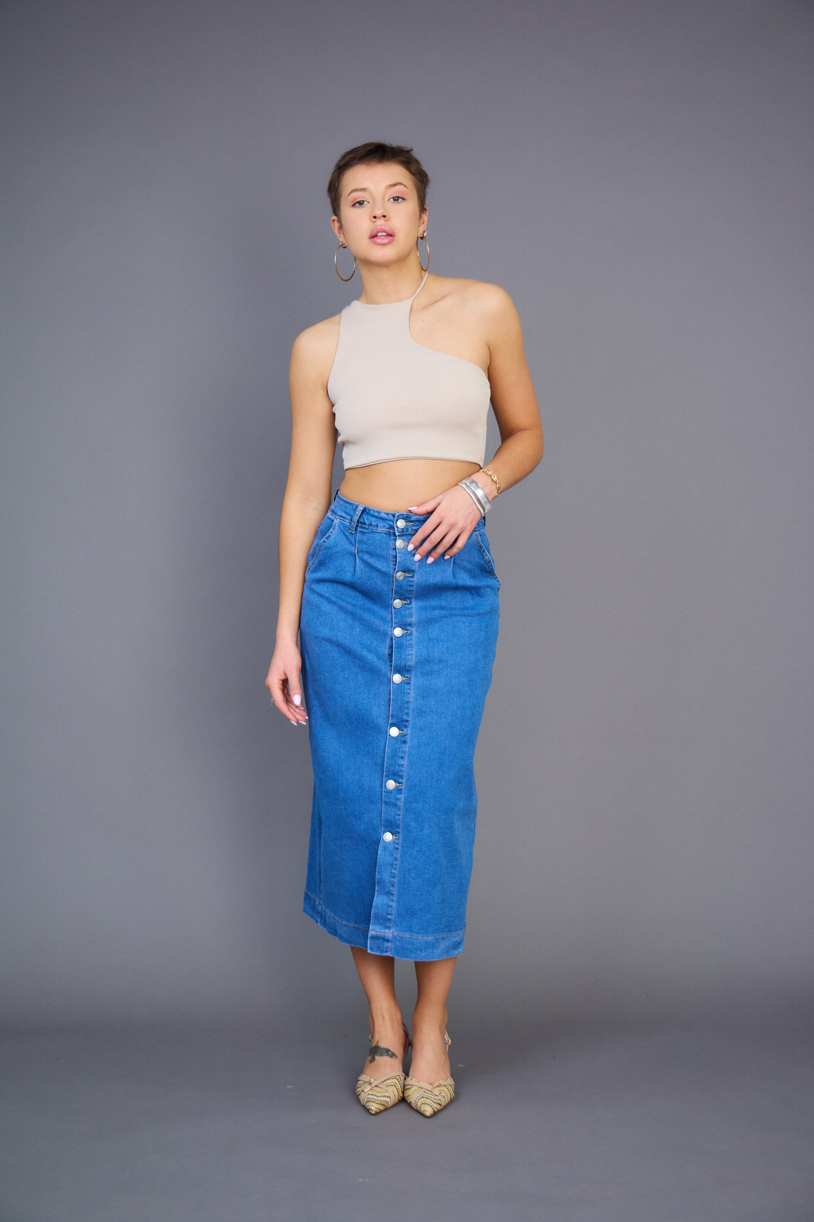 Wholesaler Ana & Lucy - Long jeans skirt (button closure) - ANA & LUCY
