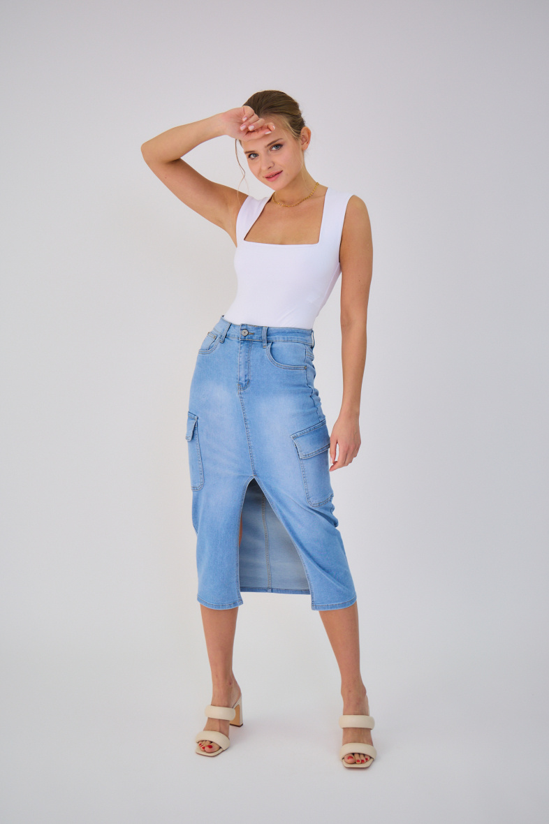 Grossiste Ana & Lucy - Jupe longue cargo en jeans - ANA & LUCY