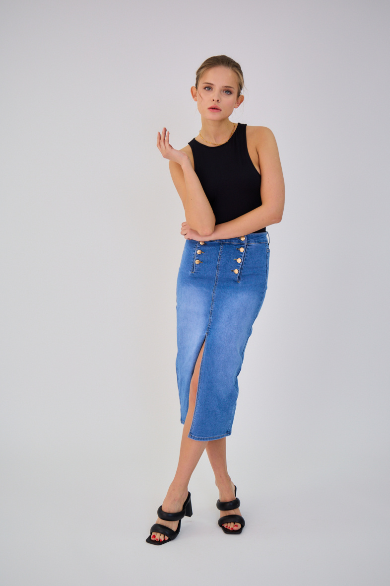 Grossiste Ana & Lucy - Jupe longue en jeans ( Fermeture Boutonné ) - ANA & LUCY
