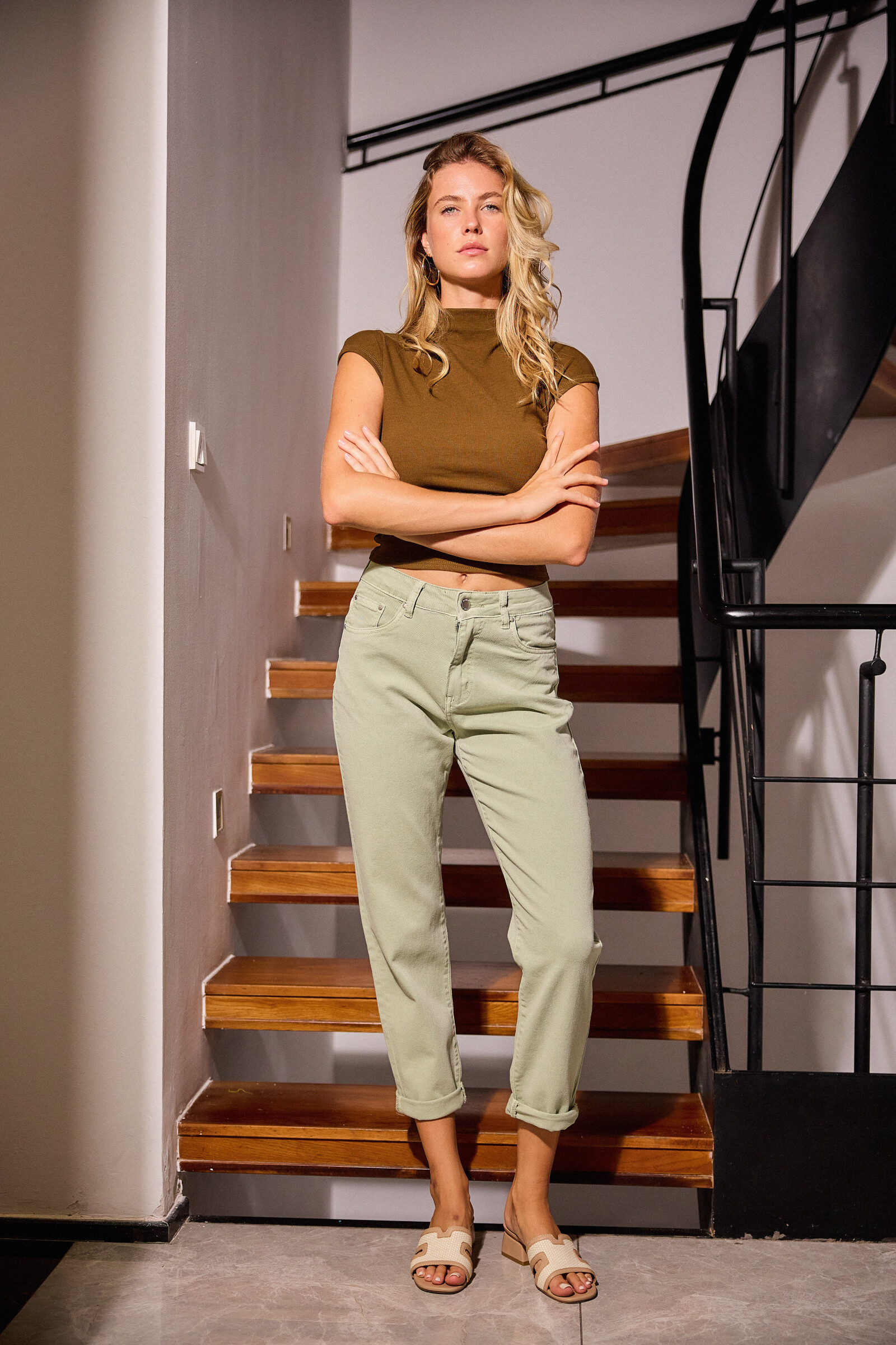 Mom pants (Cuffed hem) - ANA & LUCY - Light Green - 3 - large format