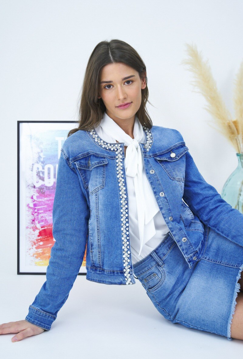 Grossiste Ana & Lucy - Veste en jeans ( Perle et Strass ) - ANA & LUCY