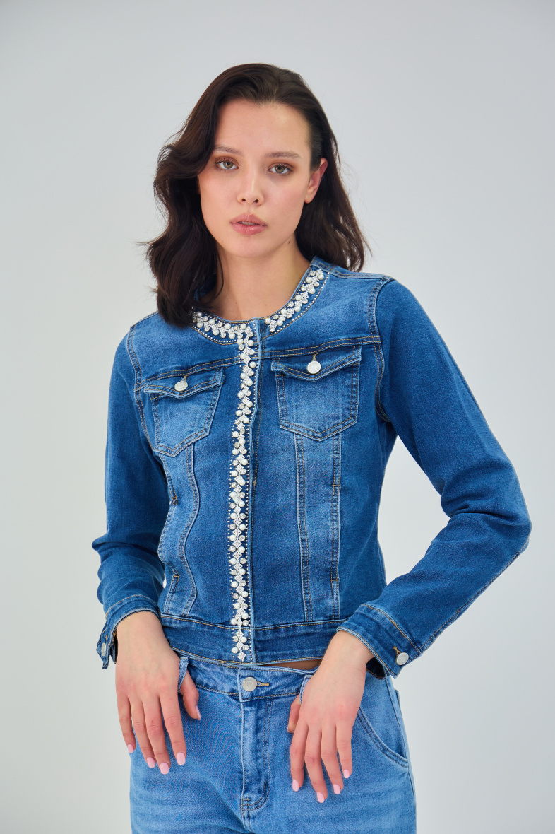 Wholesaler ANA & LUCY - Denim jacket (Pearl and Rhinestones) - ANA & LUCY