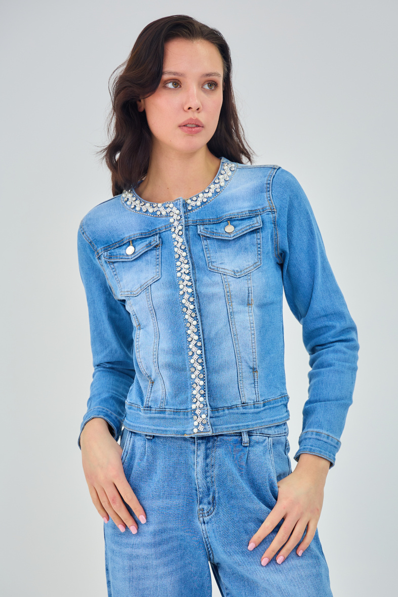 Wholesaler ANA & LUCY - Denim jacket (Pearl and Rhinestones) - ANA & LUCY
