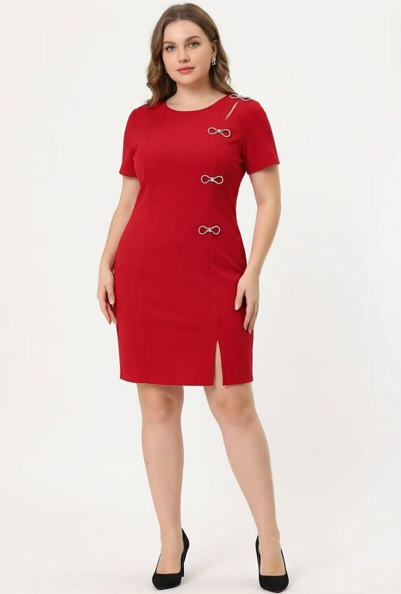 Elegant fall/winter dress, polyester and spandex, adorned with rhinestones, made in China.