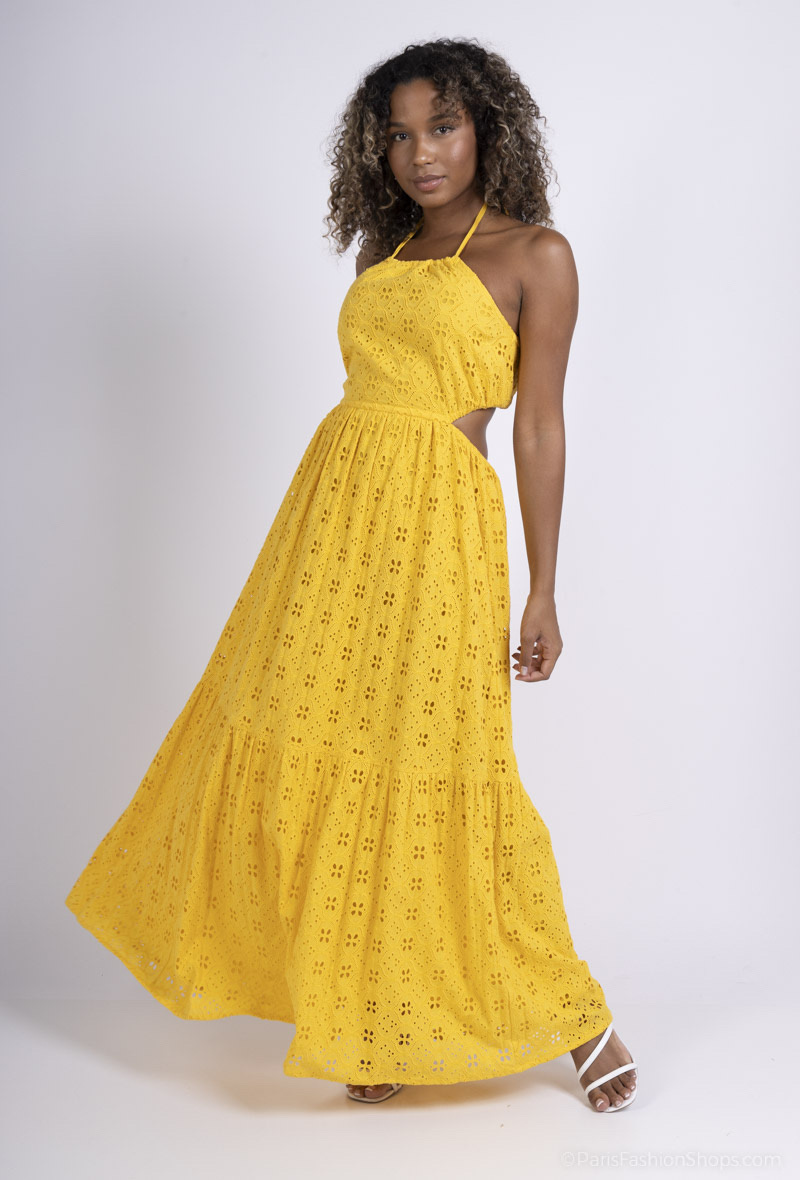 Mayorista ANATA PARIS - vestido amarillo con bordado inglés sin espalda