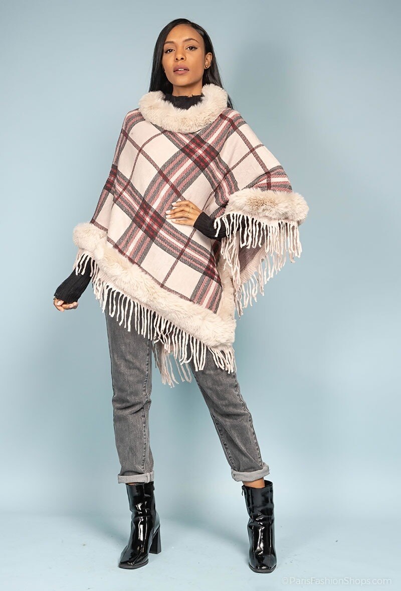 Wholesaler Angelique.L - Checked faux fur poncho with fringes