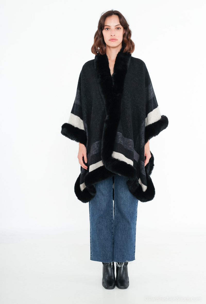 Grossiste Angelique.L - CAPE AVEC RAYURE LARGE ET COL EN FAUSSE FOURRURE