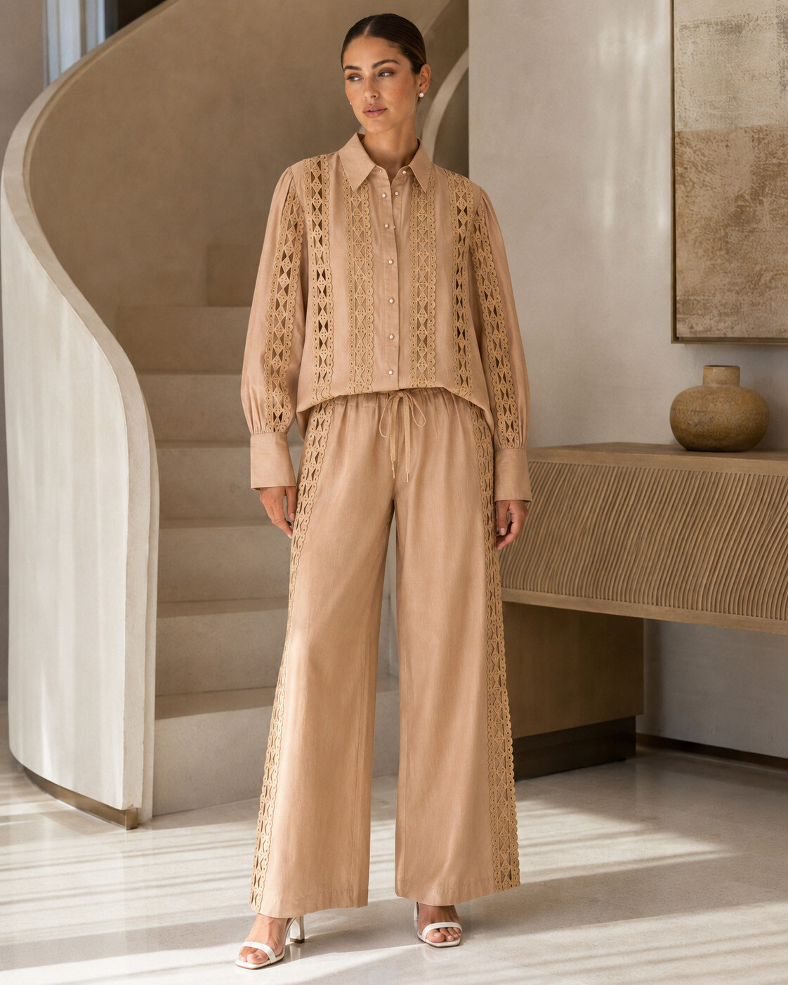 Mayorista Artflow - Conjunto de camisa y pantalón con bandas caladas