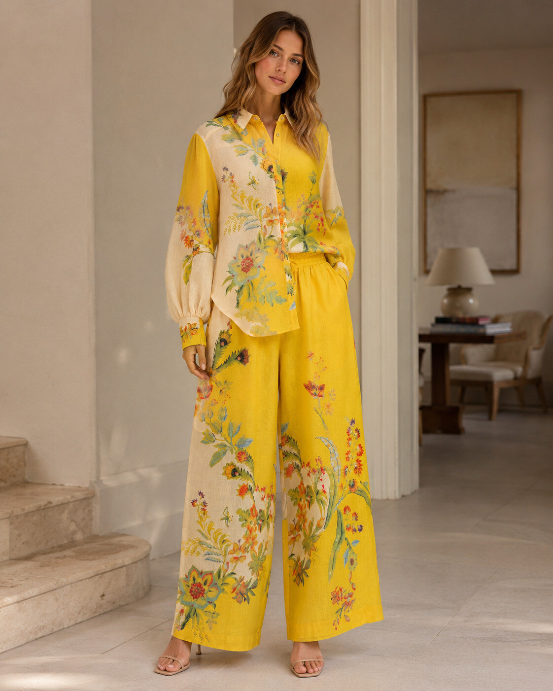 Mayorista Artflow - Conjunto de camisa y pantalón ancho con estampado botánico