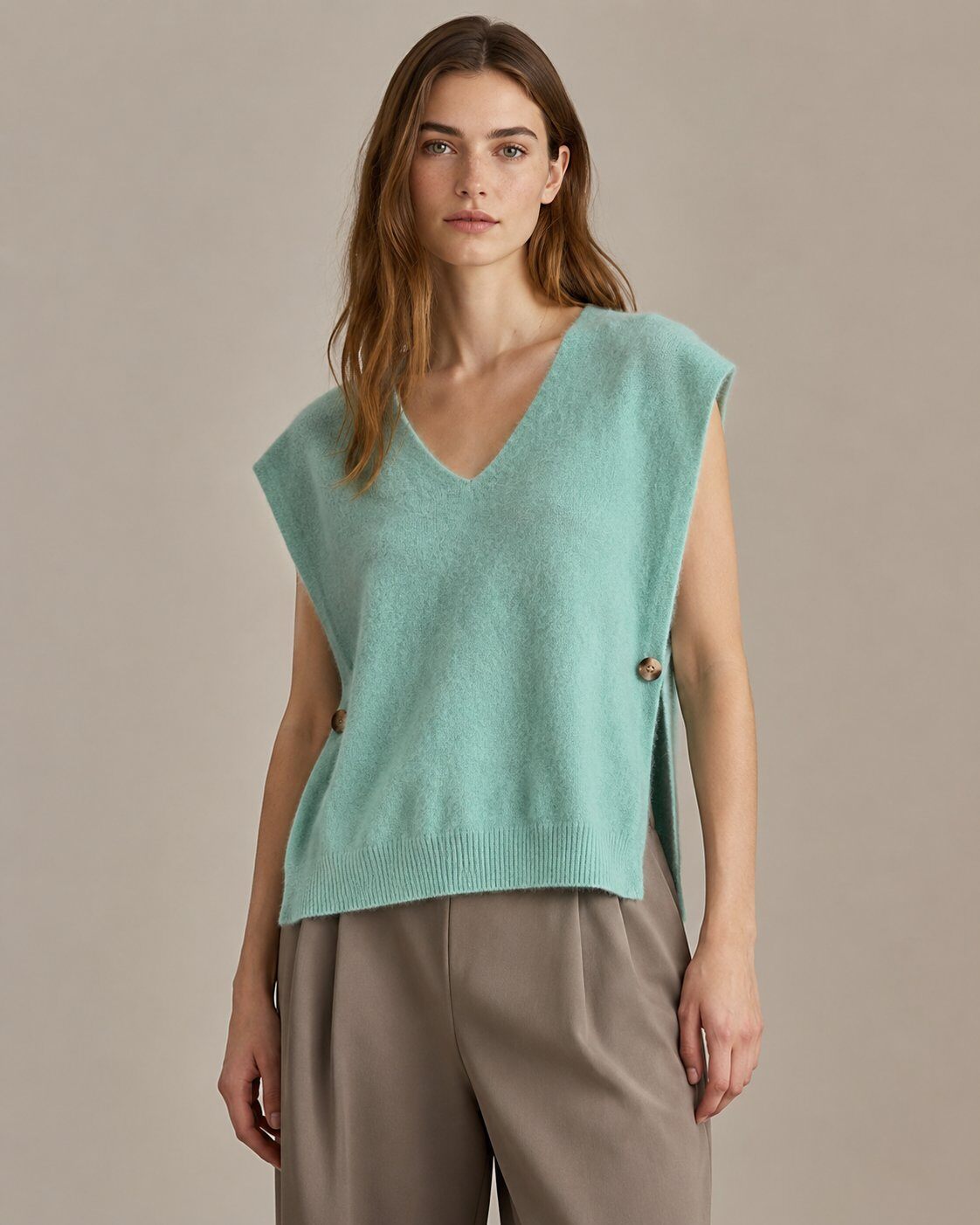 Wholesaler ARTICO MAGLIFICIO - Women's sleeveless vest in soft and fluffy knit with side slits and buttons, V-neck
