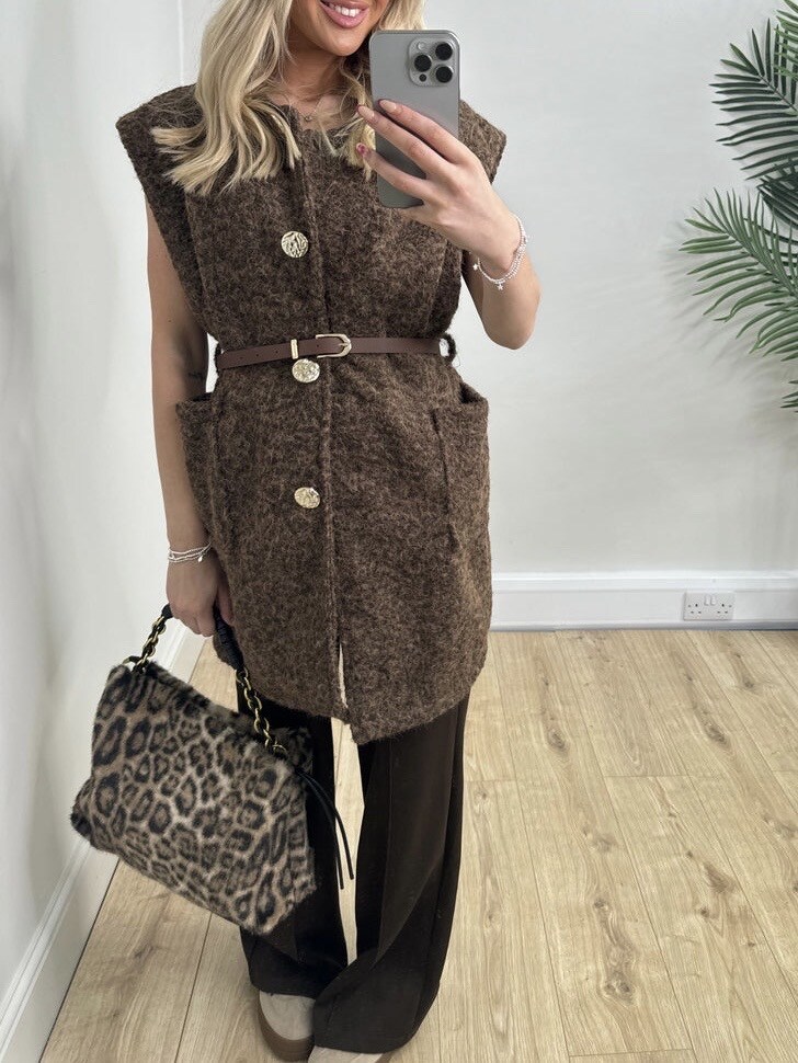 Grossiste ASHECO - Veste gilet mi-long sans manche à bouton doré avec poche et ceinture