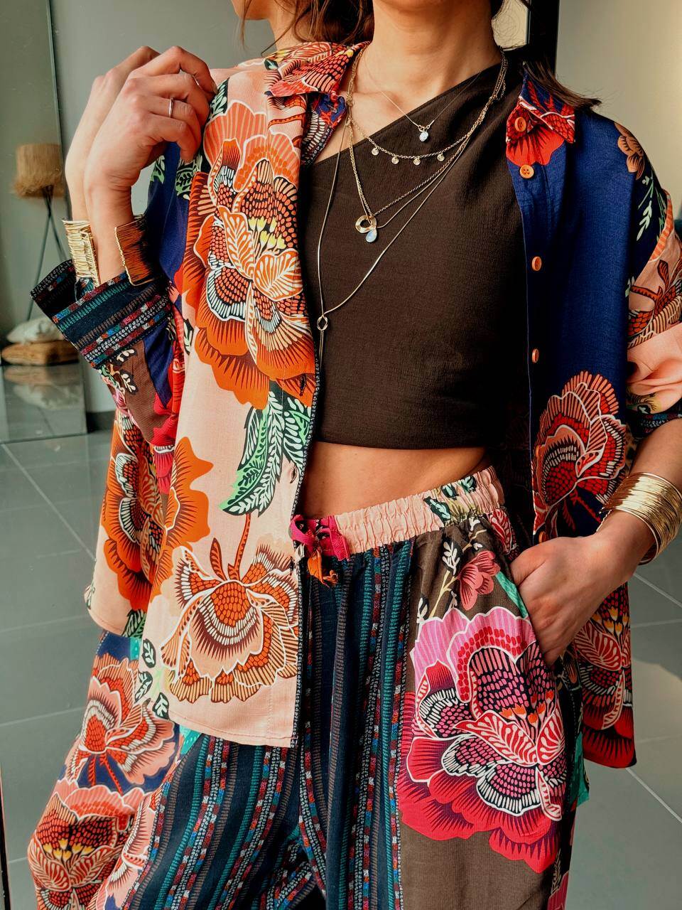 Abiti da donna in 2 pezzi, stile bohémien, estivo, casual, con stampa floreale, in cotone e lino, a maniche corte, camicia con bottoni e pantaloncini con tasche, abbigliamento da casa hawaiano, Verde