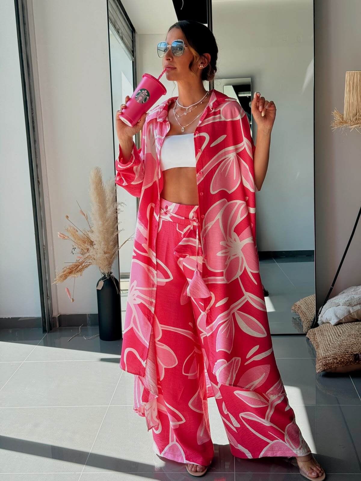 Wholesaler ASHILDA PARIS - Boho Chic Set – Long Shirt & Flowing Fuchsia Print Pants