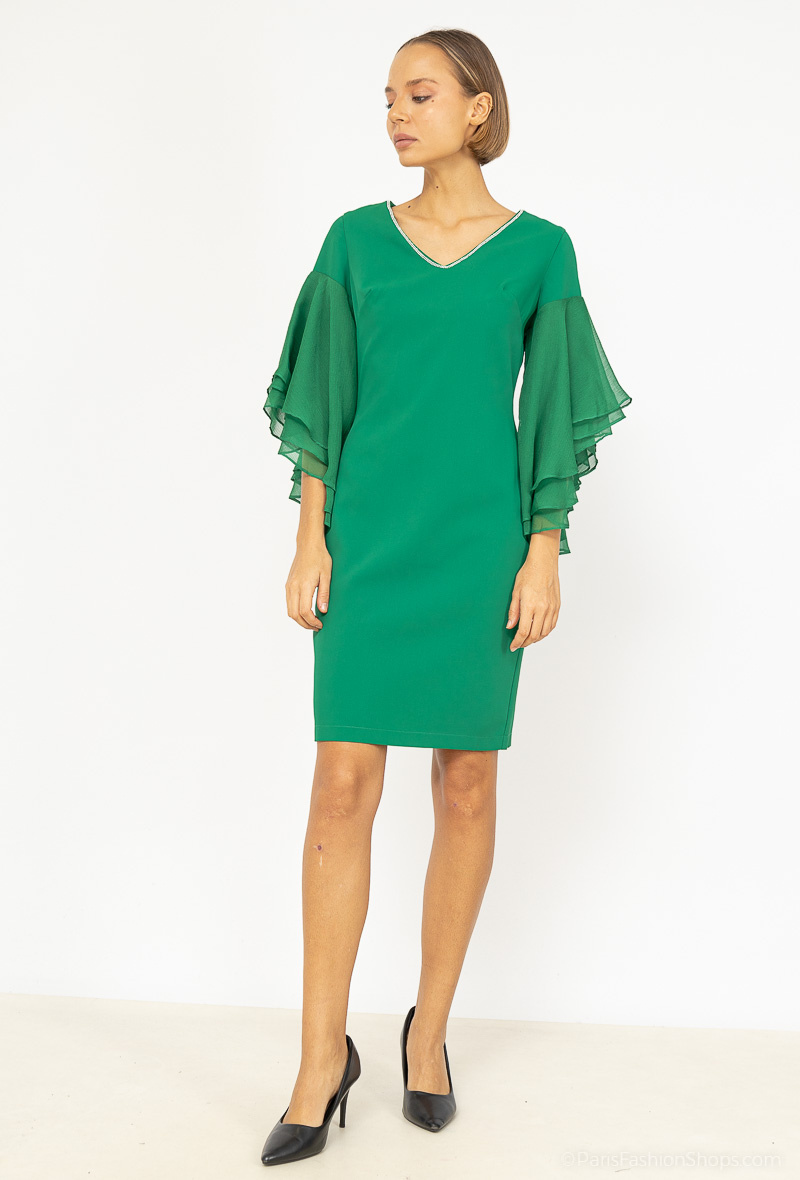 Wholesaler Ashwi - V-neck rhinestone dress with ruffled sleeves