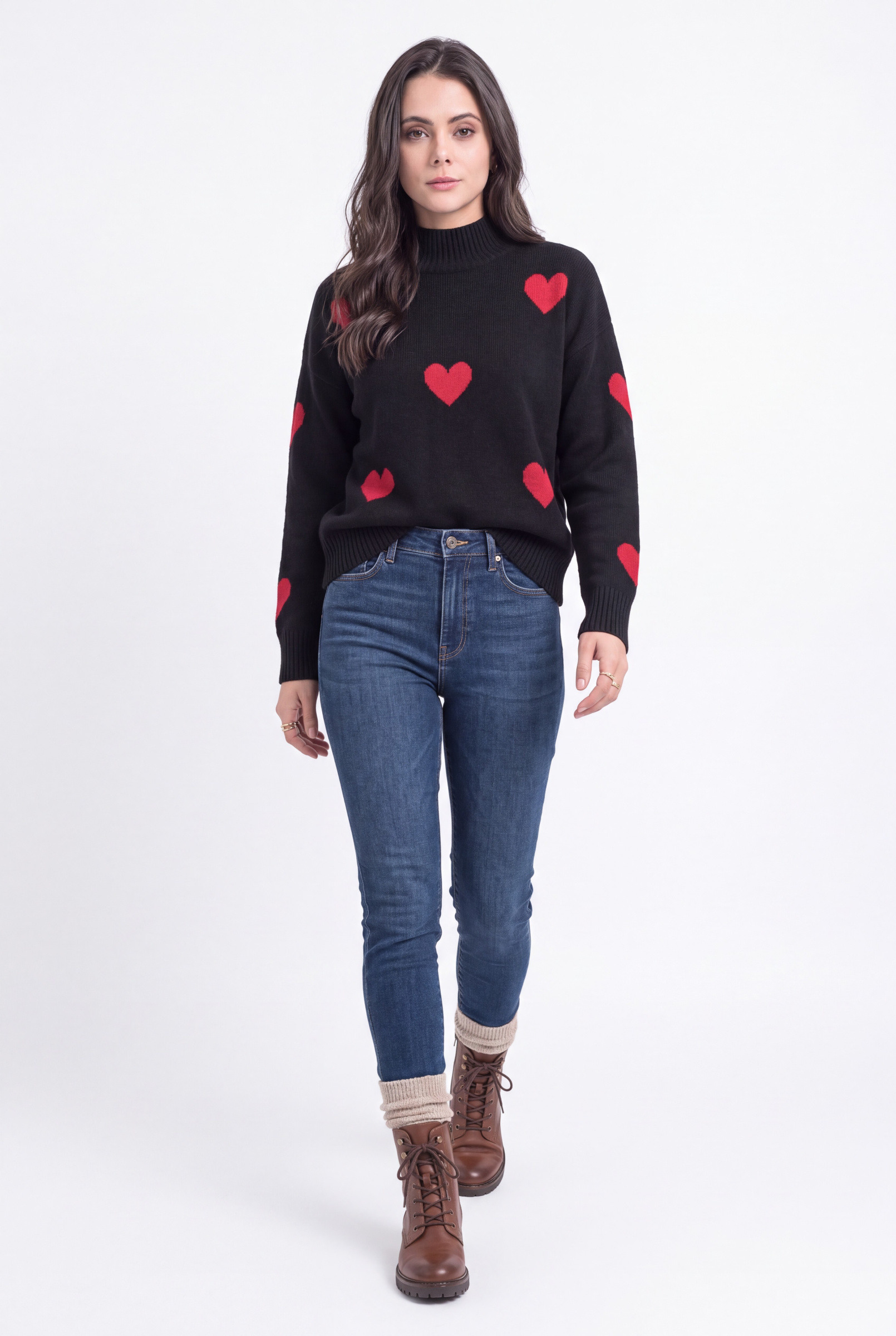Wholesaler Assuili - High-neck oversized sweater with heart pattern and long sleeves