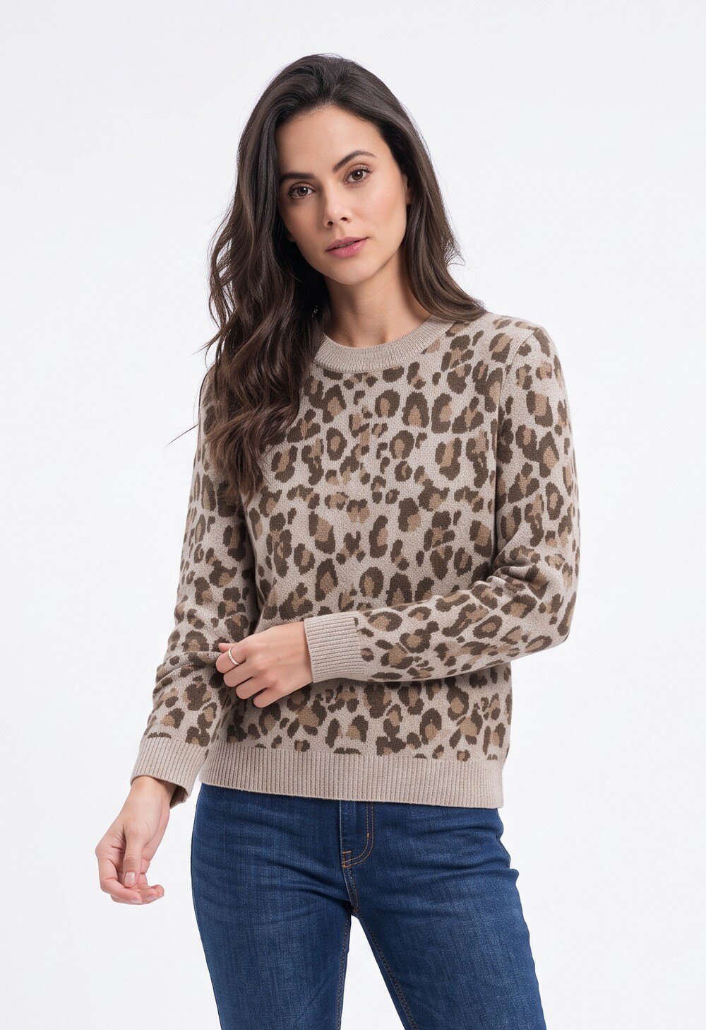 Wholesaler Assuili - Oversized leopard crew neck sweater, long sleeves, double knit