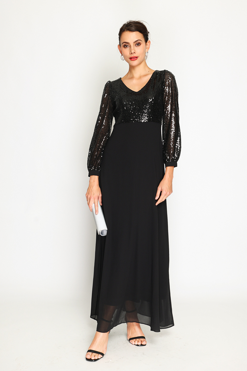 Wholesaler Assuili - A-line V-neck dress with slightly balloon-length sleeves and sequins