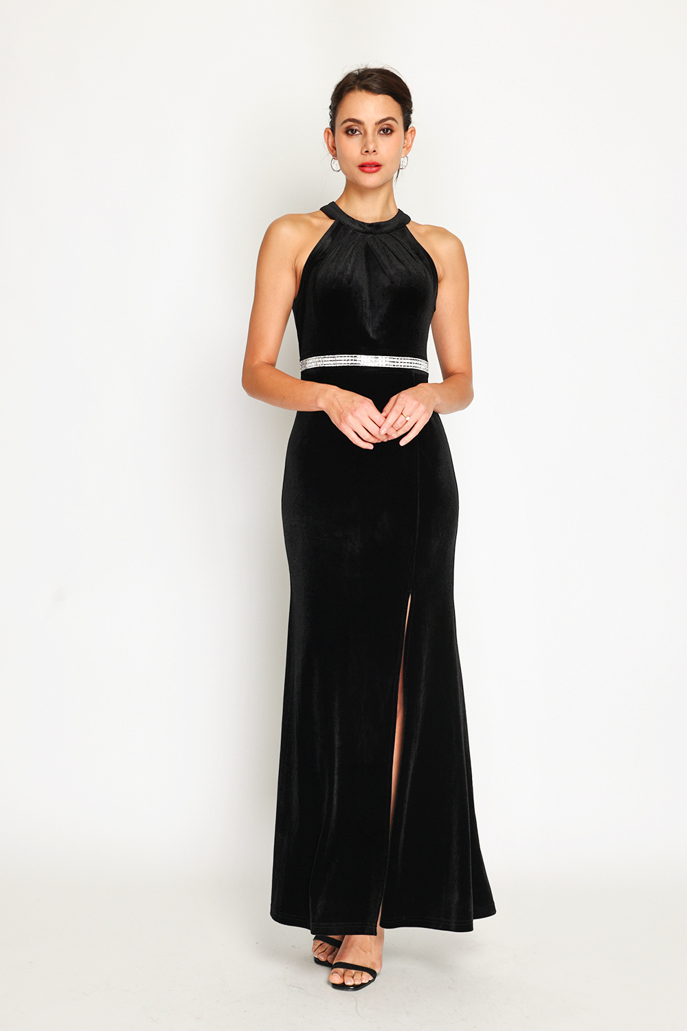 Wholesaler Assuili - Sleeveless velvet maxi dress with high slit and shiny belt