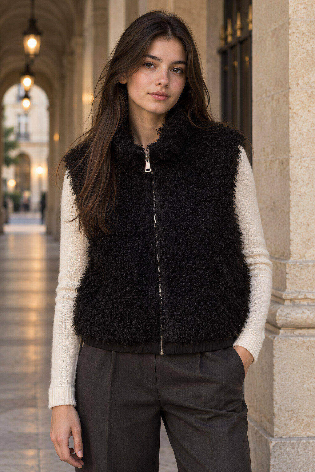 Grossista ASTRA Maroquinerie - Gilet da donna con zip in pelliccia sintetica