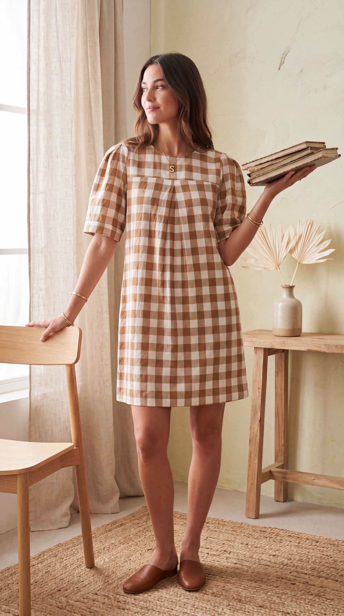 Wholesaler Atelier-evene - Short Sleeve Cotton Check Dress