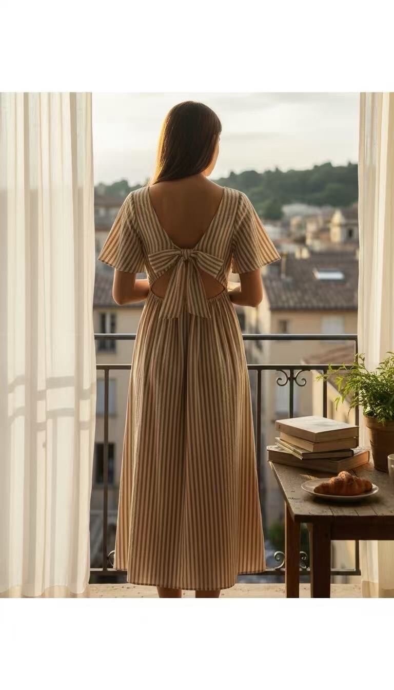 Großhändler Atelier-evene - Gestreiftes, rückenfreies Baumwollkleid