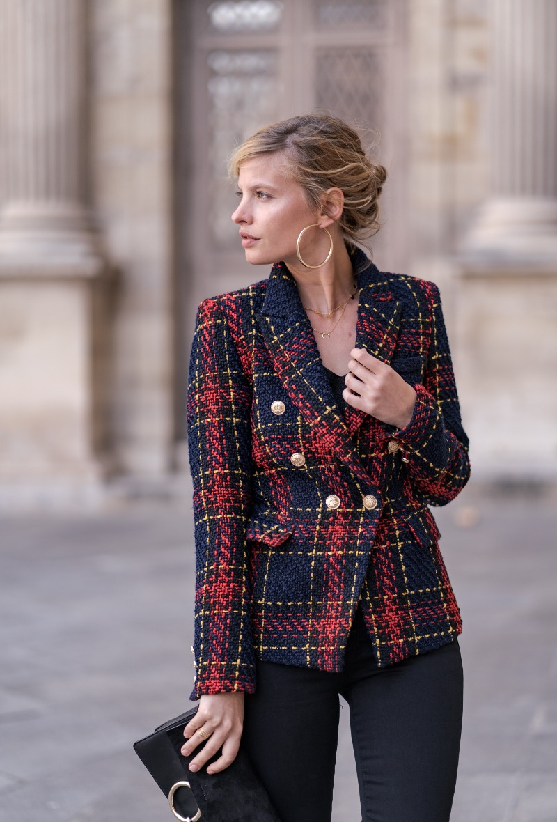 Wholesaler Attentif - Blue and red double-breasted Scottish tweed blazer jacket