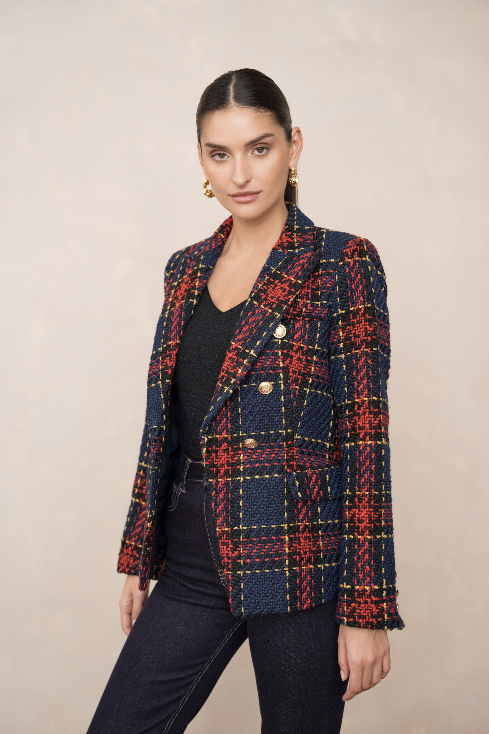 Mayorista Attentif - Americana cruzada azul y roja de tweed escocés