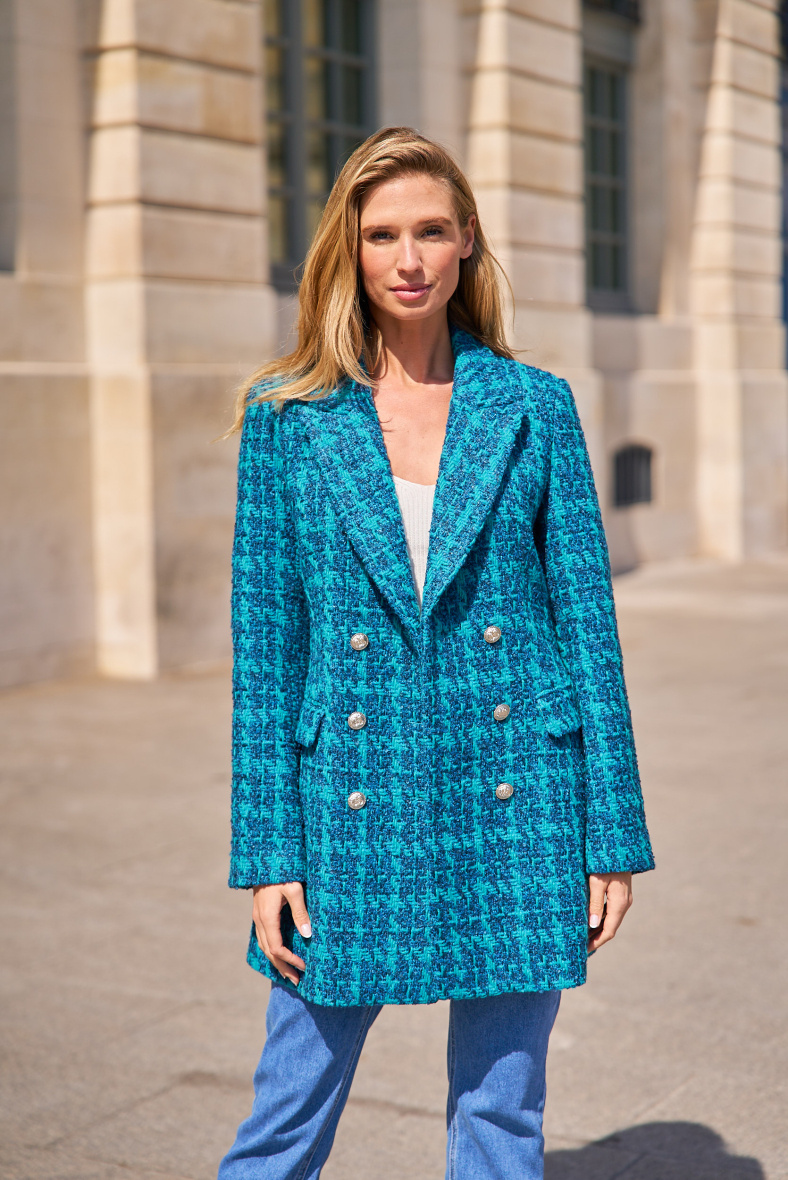 Grossiste Attentif - Veste Blazer mi-longue tweed pieds-de-poule laine