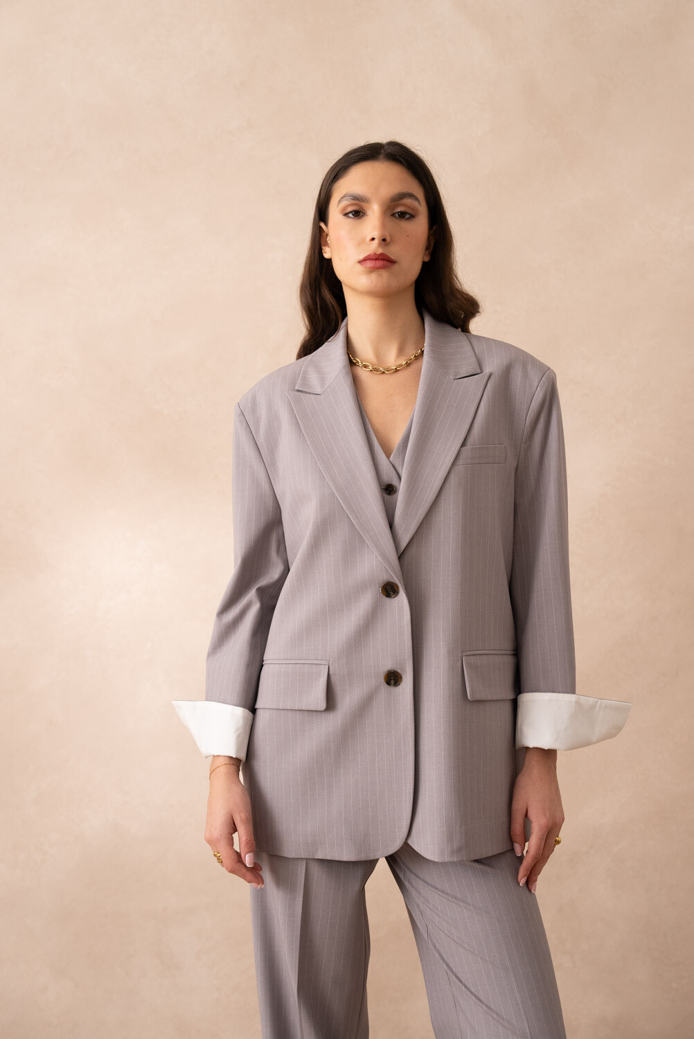 Großhändler Attentif - [Allure] Übergroße Blazer Fine Stripes und White Sleeve Reverse