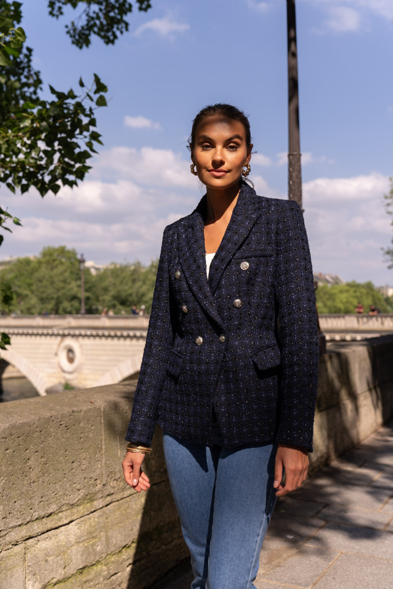 Wholesaler Attentif - Fitted navy tweed blazer jacket with silver double-breasted buttoning