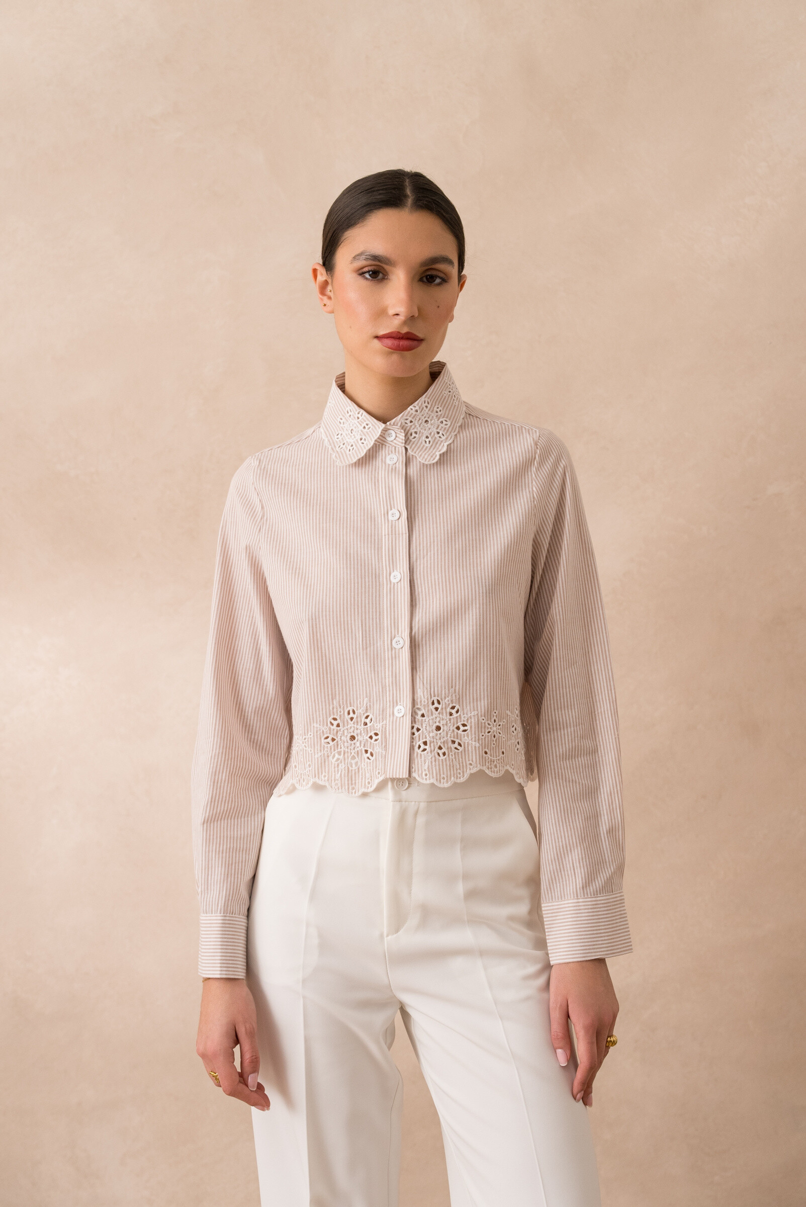 Grossista Attentif - Camicia di cotone a strisce a strisce in pizzo