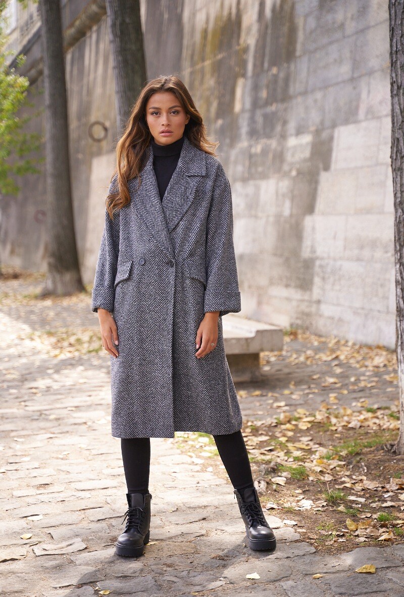 Grossiste Attentif - Manteau chevron oversize contenant de la laine