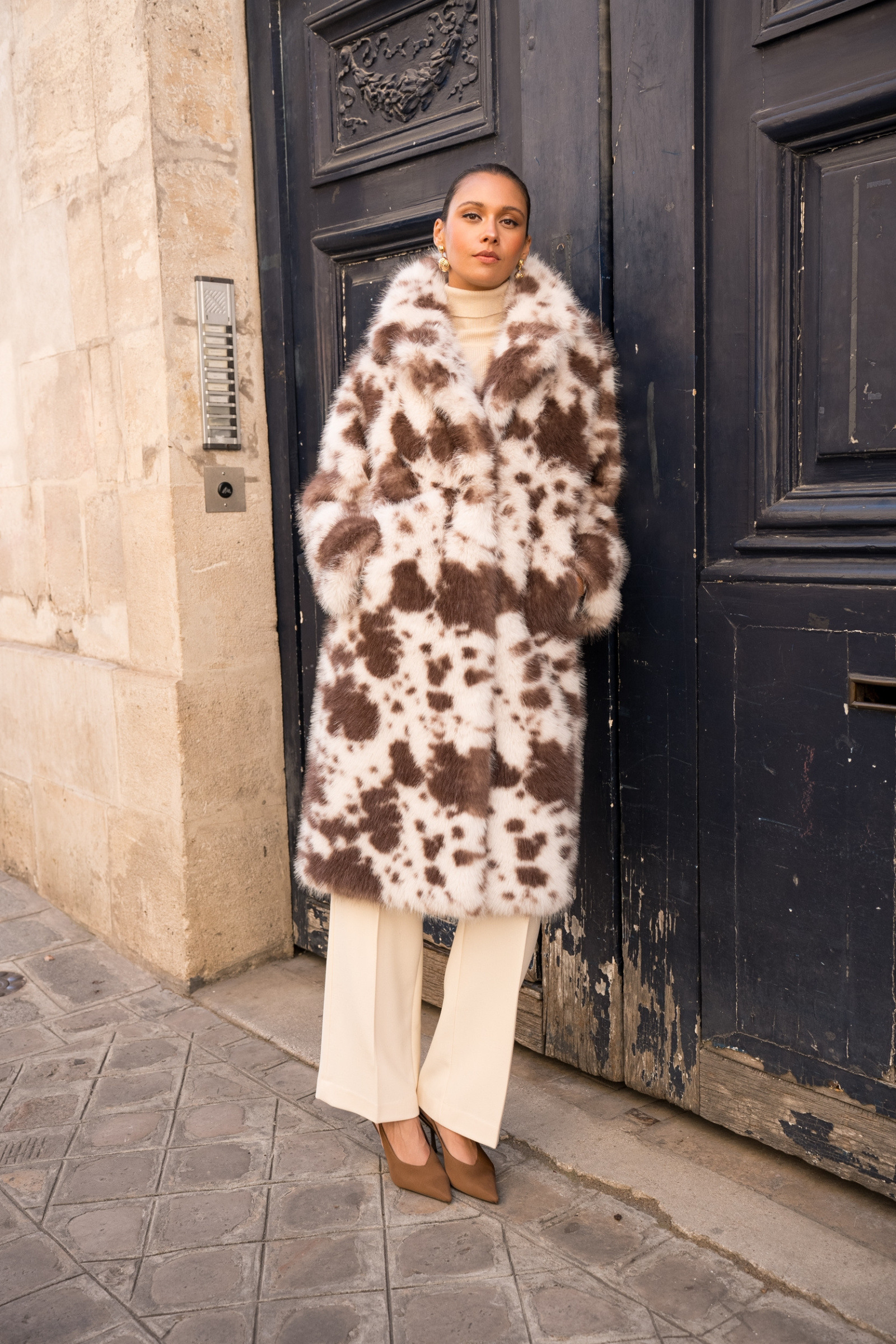 Short faux fur coat with cow print | Paris Fashion Shops