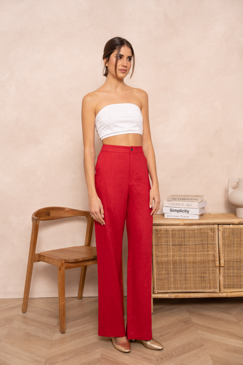 Grossiste Attentif - [Linen] Pantalon coupe droite taille haute uni en lin qualité supérieure