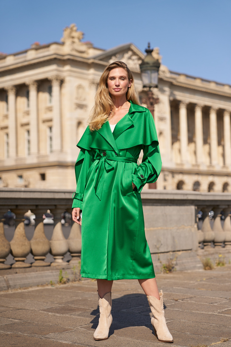 Wholesaler Attentif - Long Shiny Satin Trench Coat with Belt
