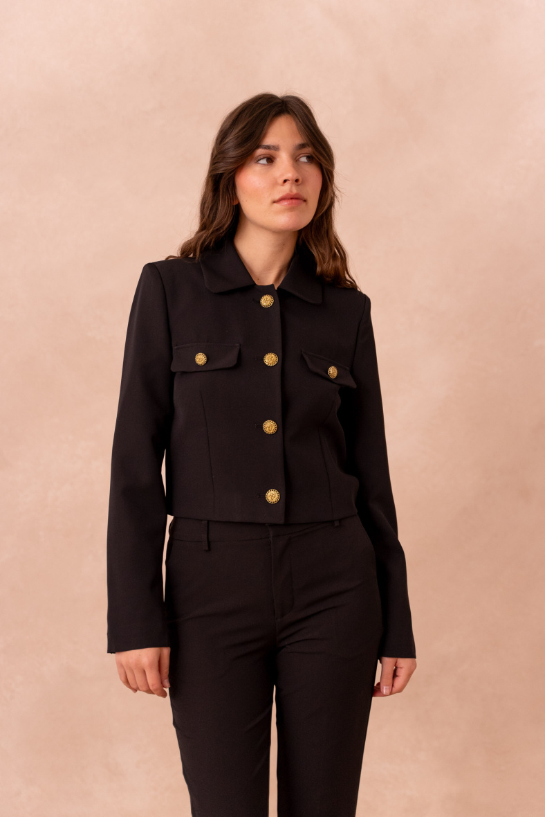 Wholesaler Attentif - Straight cropped blazer jacket with gold timeless buttons