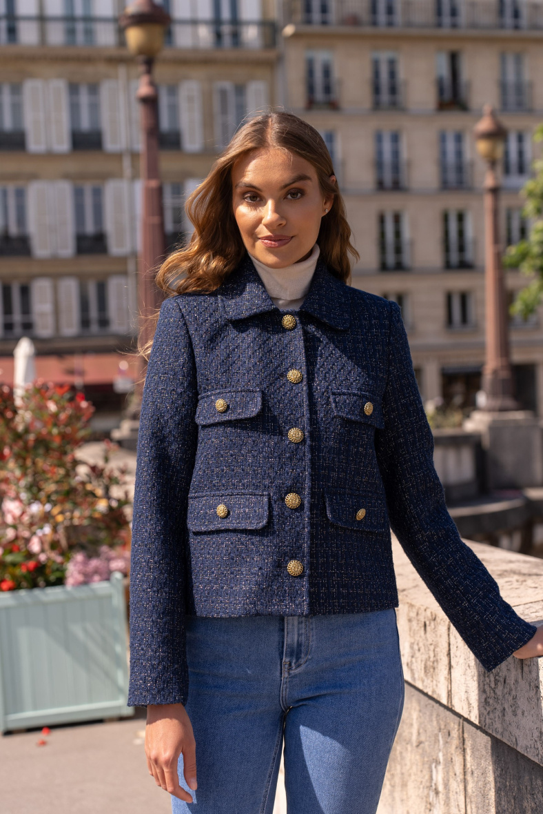 Mayorista Attentif - Chaqueta cropped de tweed con detalles dorados