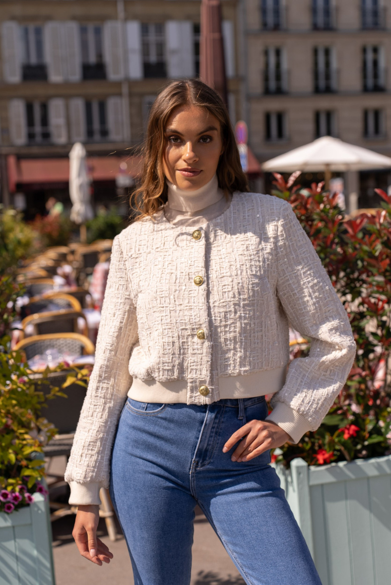Mayorista Attentif - Chaqueta cropped de tweed con cuello redondo y lentejuelas