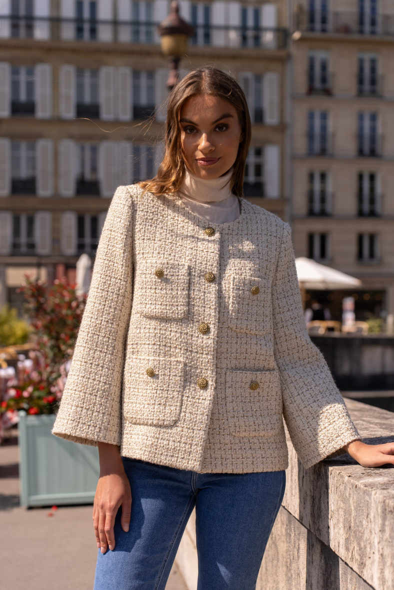 Wholesaler Attentif - Loose round neck tweed jacket with gold details