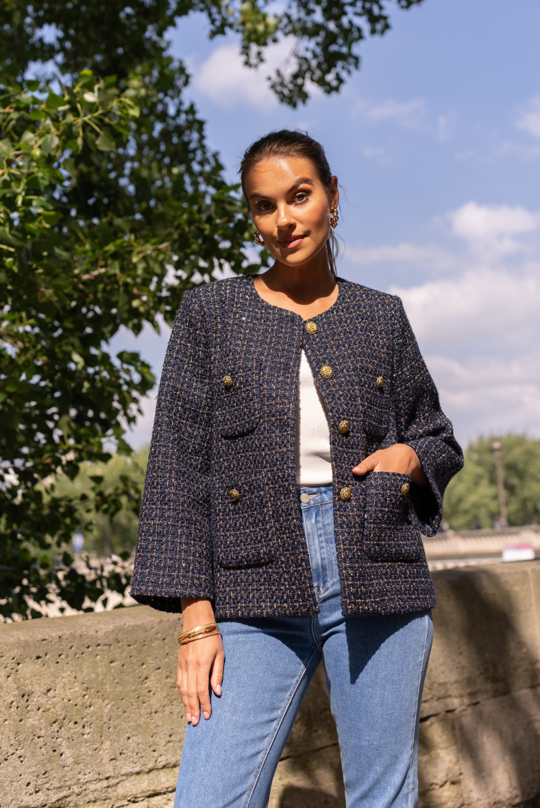 Wholesaler Attentif - Loose round neck tweed jacket with gold details