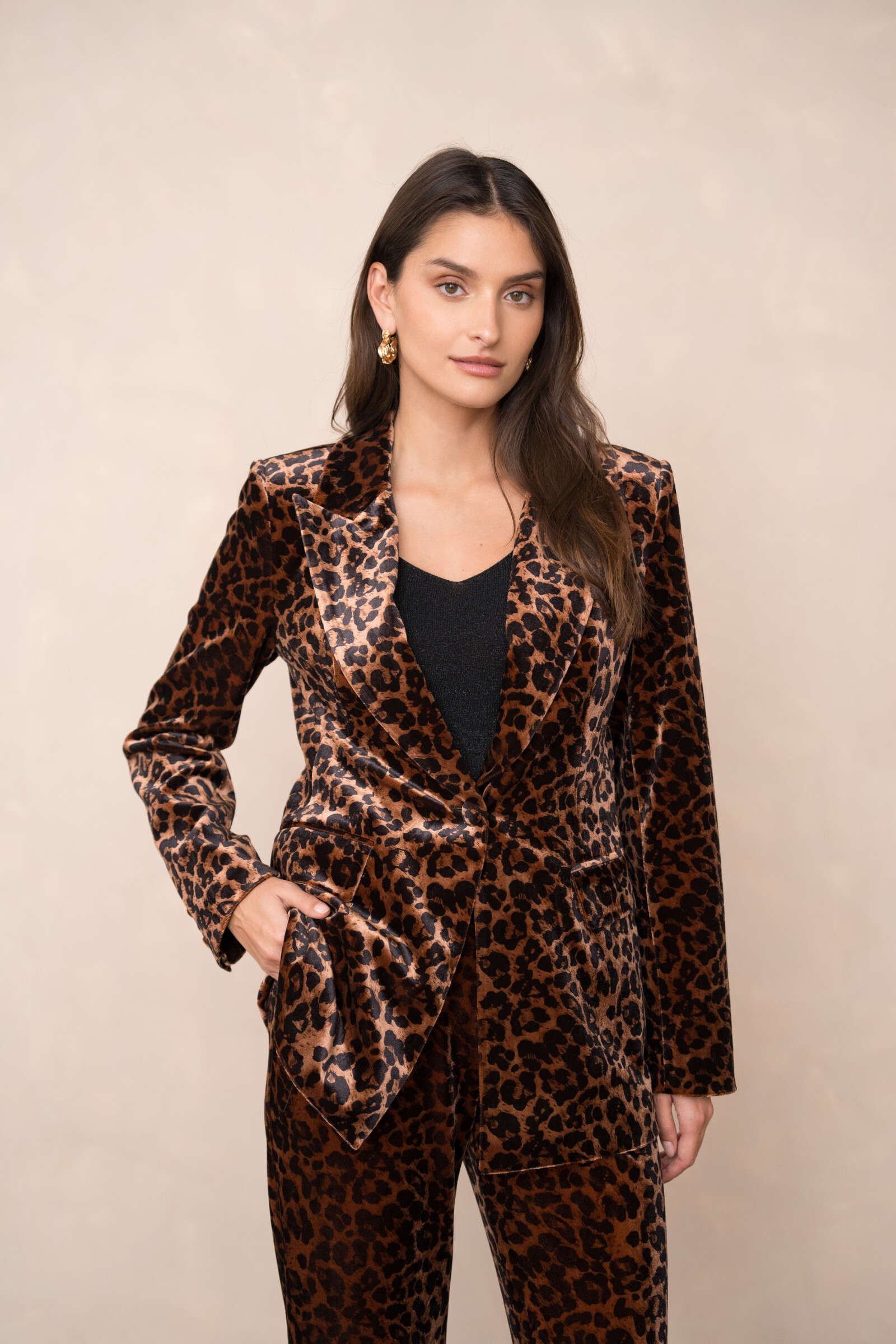 Wholesaler Attentif - One-button leopard velvet fitted blazer jacket
