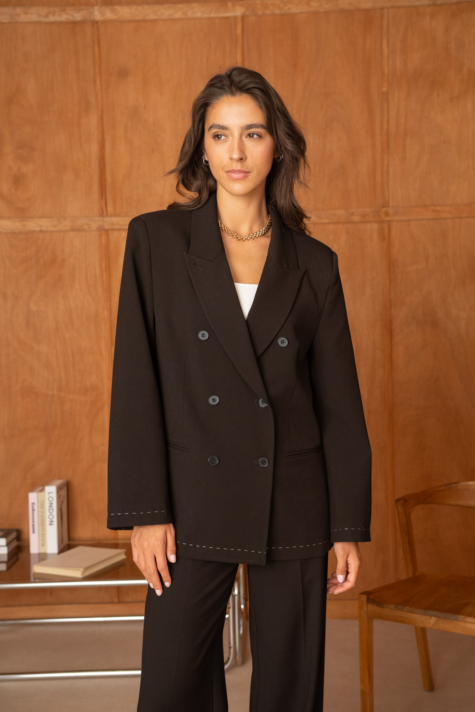Wholesaler Attentif - [Nikki] Double-breasted blazer with white topstitching and convertible collar