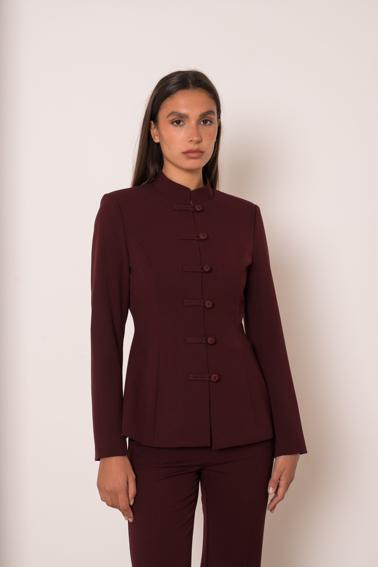 Wholesaler Attentif - [Nikki] Fitted mandarin collar jacket with Asian-style buttoning