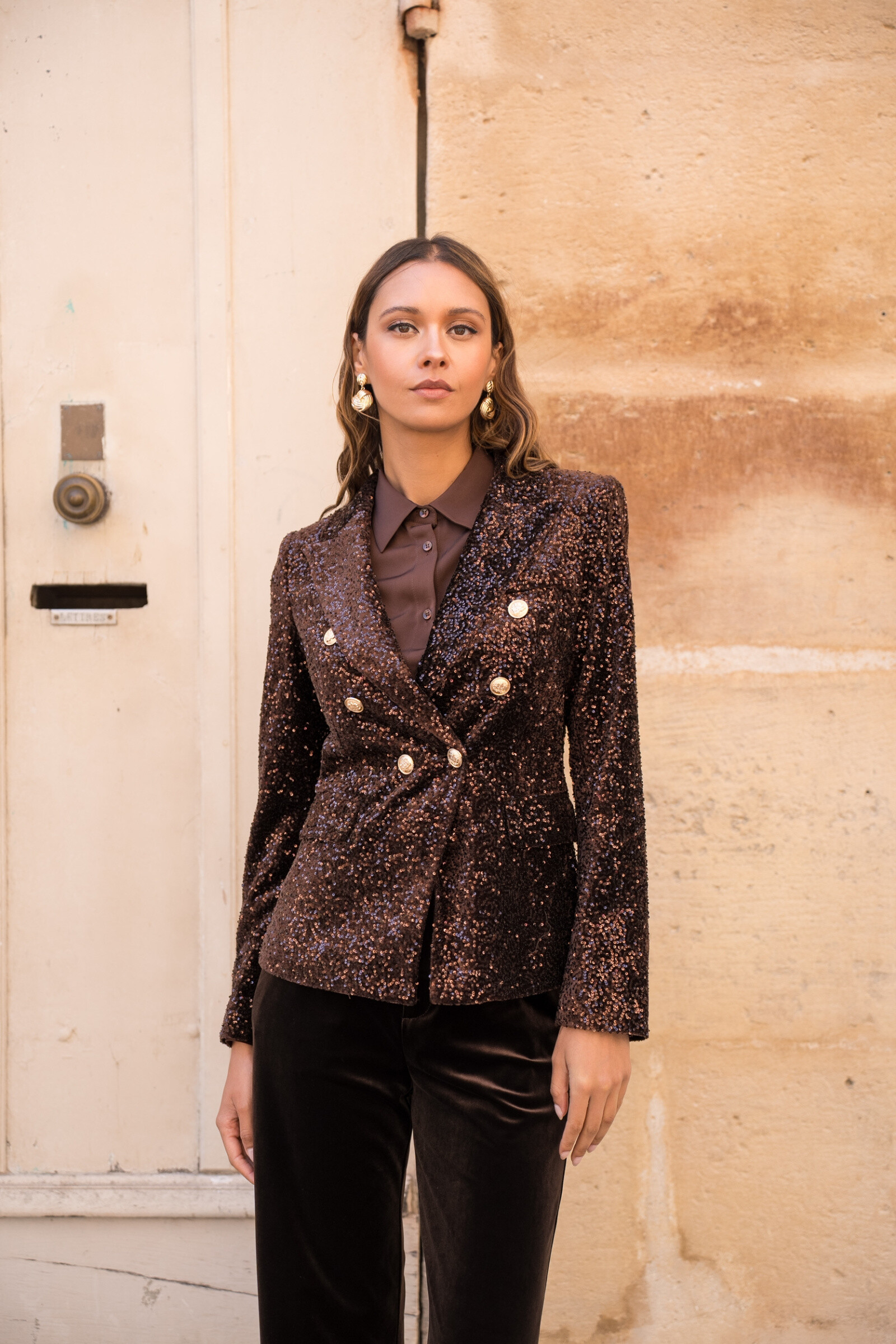 Großhändler Attentif - Brauner Pailletten taillierter Blazer