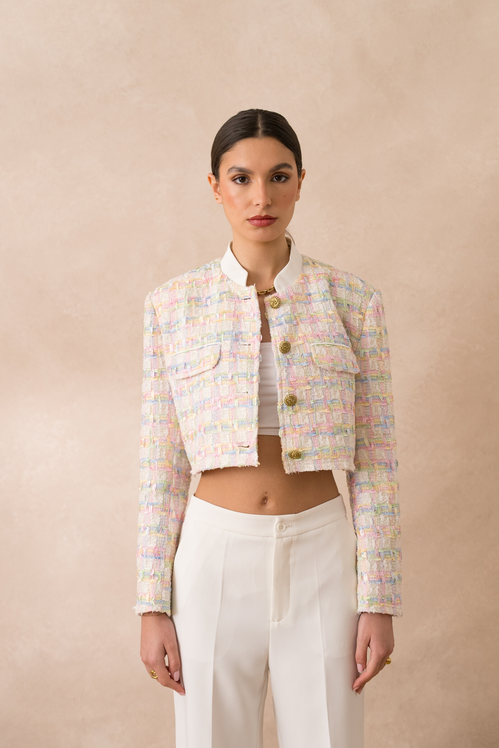 Grossiste Attentif - Veste cropped en tweed multicolore