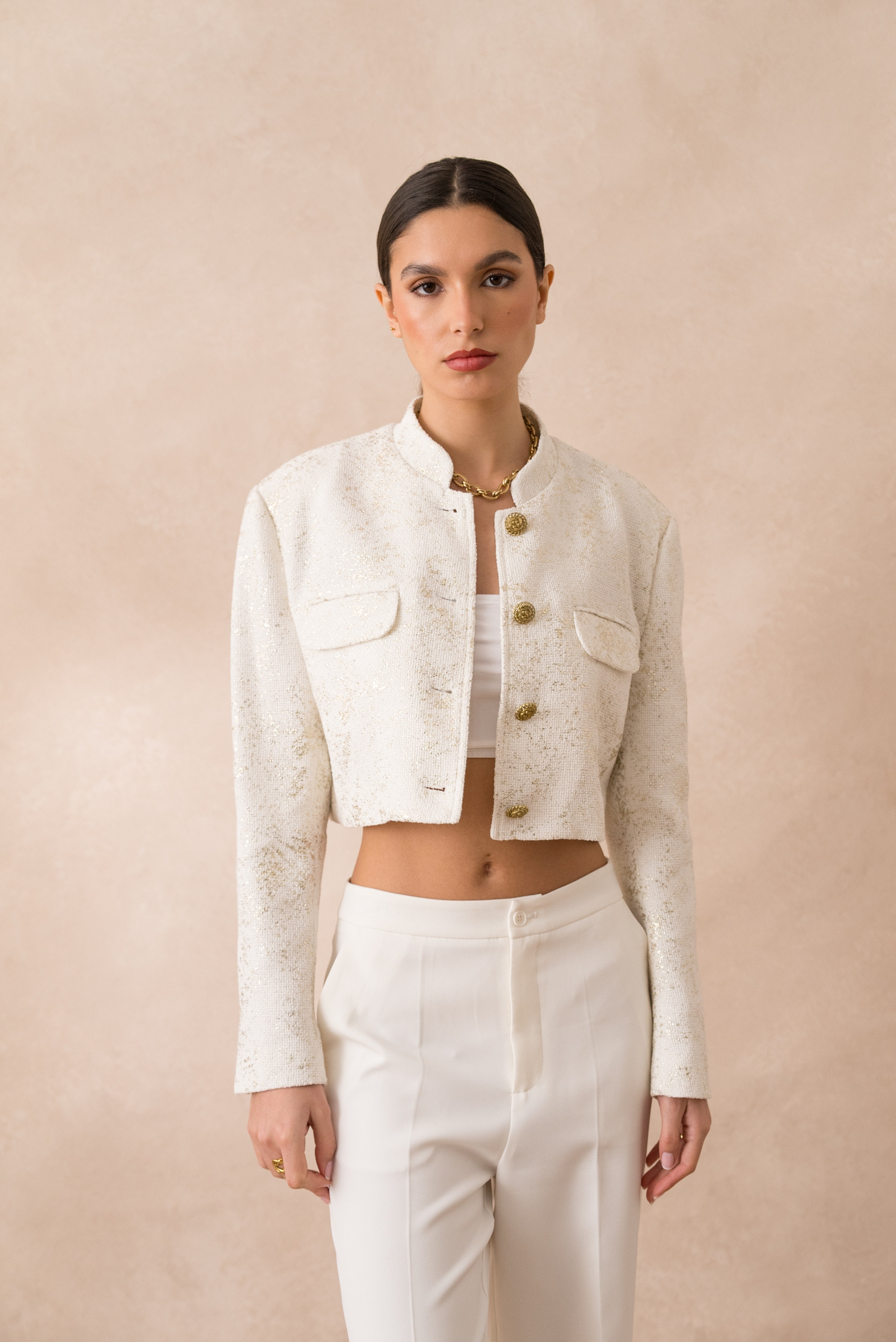 Grossiste Attentif - Veste courte en tweed écru à reflets dorés