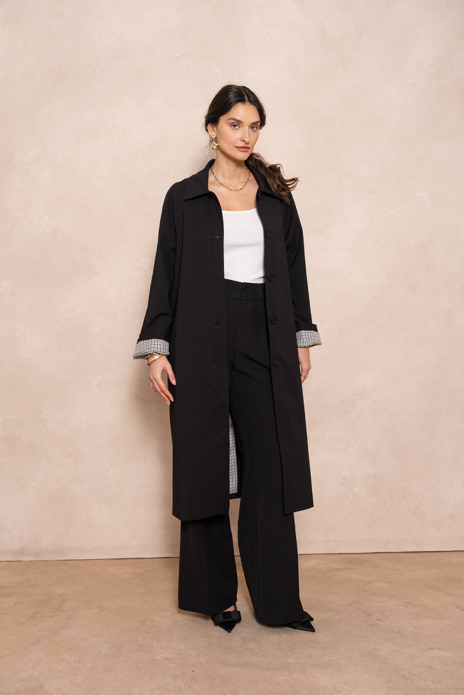 Grossiste Attentif - Trench-coat coton long fluide avec imprimé sur les revers